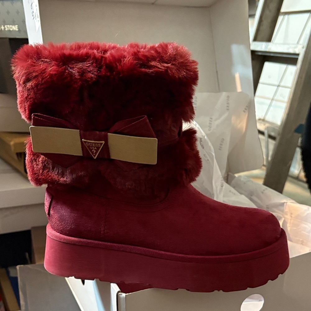 Guess Red Fur Boots with Bow Accent